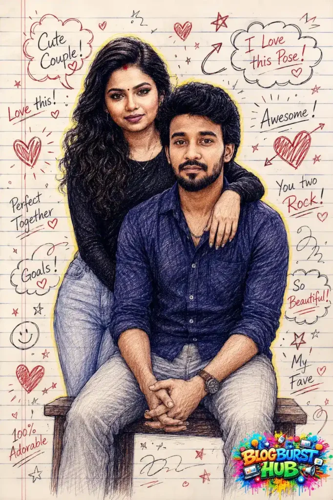 AI-generated couple portrait sitting together with hand-drawn notebook doodles and romantic decorations.
