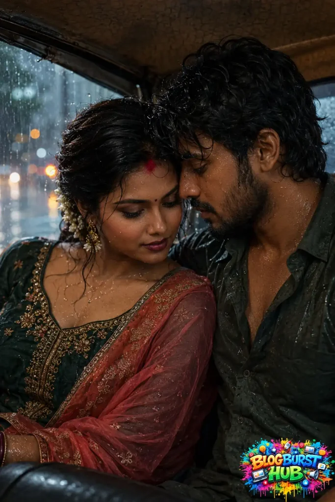 Romantic Indian couple sitting inside an auto rickshaw during heavy rain.