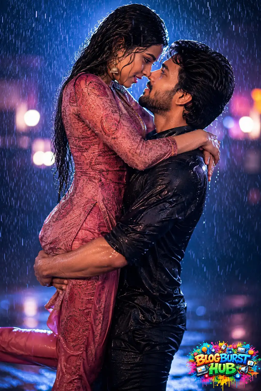 Romantic couple embracing in the rain with the man lifting the woman in a joyful pose.