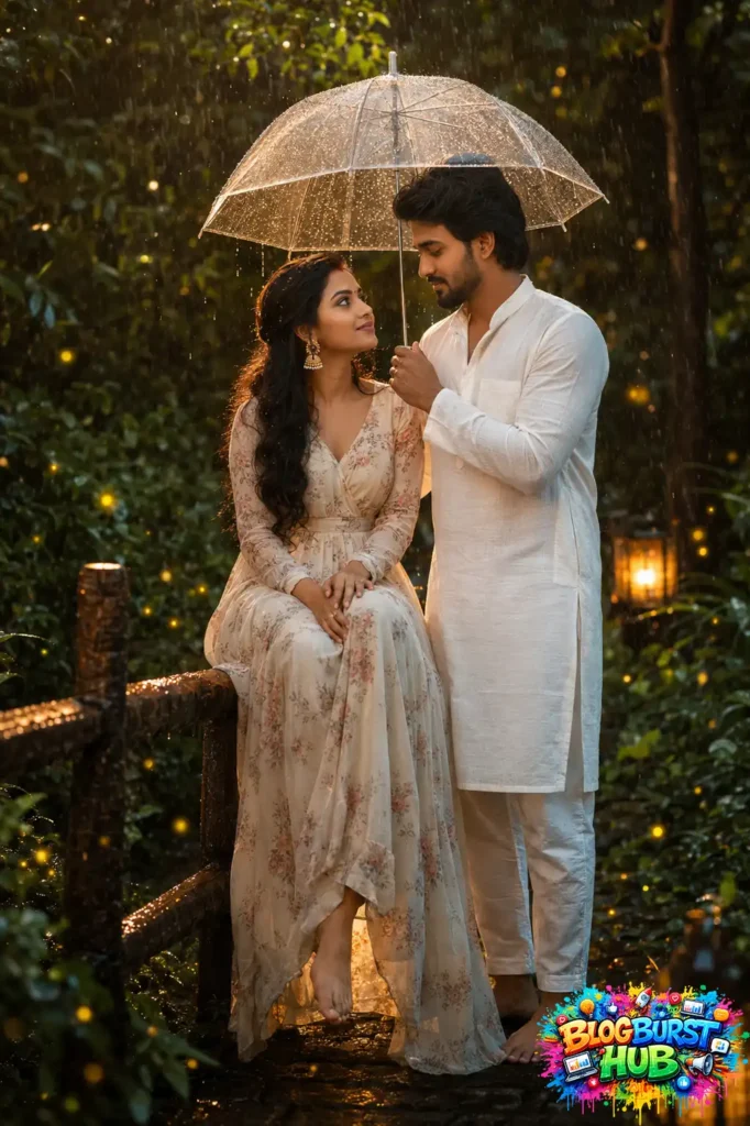 Romantic couple sharing a transparent umbrella during a peaceful monsoon evening in nature.