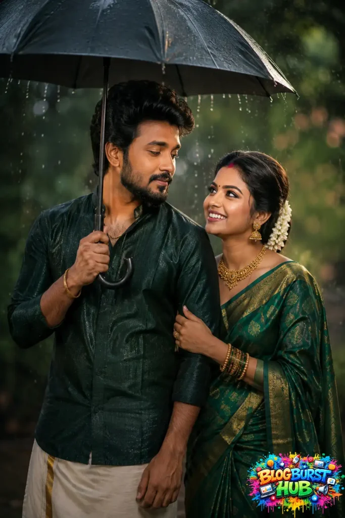 South Indian couple sharing an umbrella during rainfall in a cinematic AI portrait.