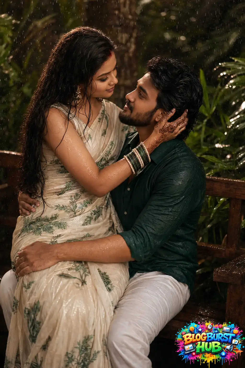 Romantic couple sitting together on a wooden bench surrounded by greenery during rainfall.
