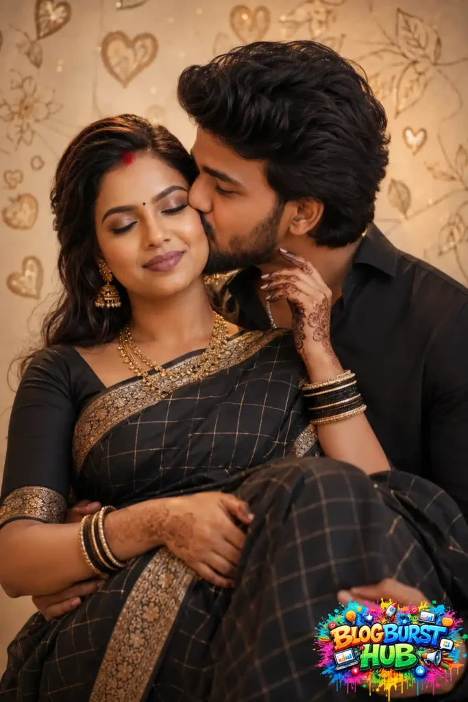 Romantic Indian couple portrait featuring a woman in a black saree and a man embracing her in a cinematic AI-generated photo.