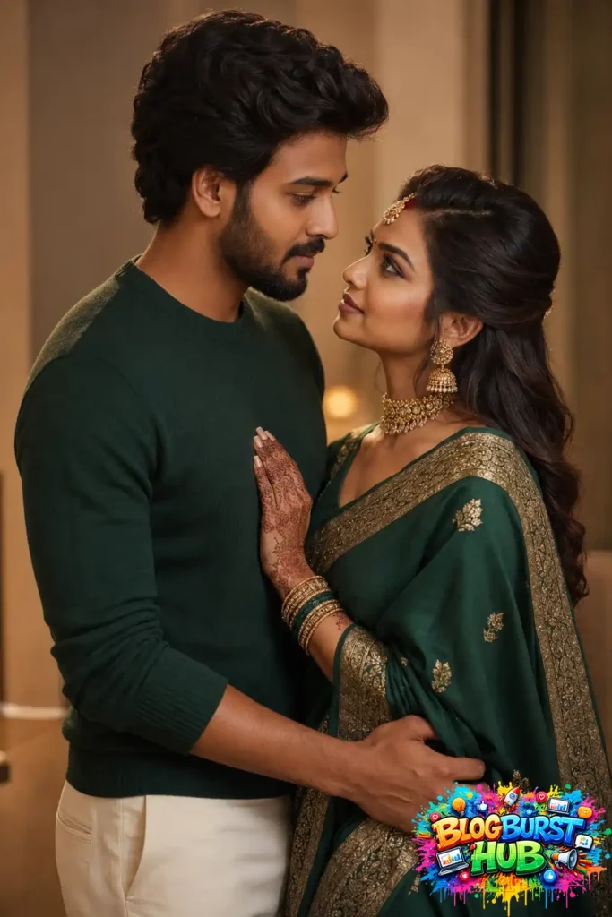 Romantic Indian couple portrait featuring a woman in an emerald green saree and a man in a matching green sweater sharing an intimate moment.