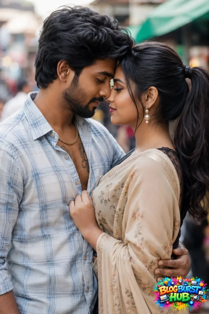 Romantic Indian couple touching foreheads in a close-up portrait with emotional connection.
