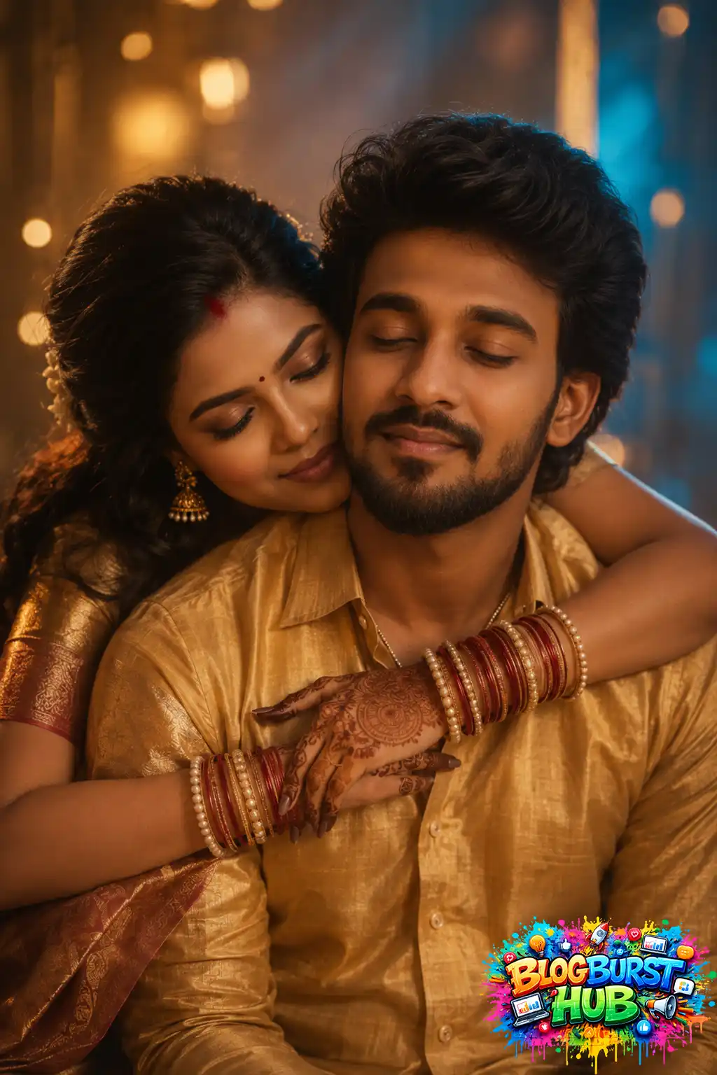 Indian woman hugging her partner from behind in a romantic AI-generated portrait.