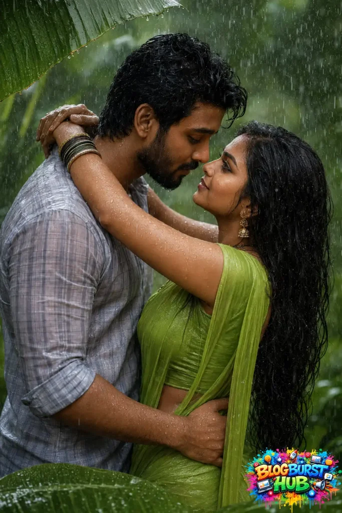 Romantic couple embracing in heavy monsoon rain surrounded by lush green tropical leaves.