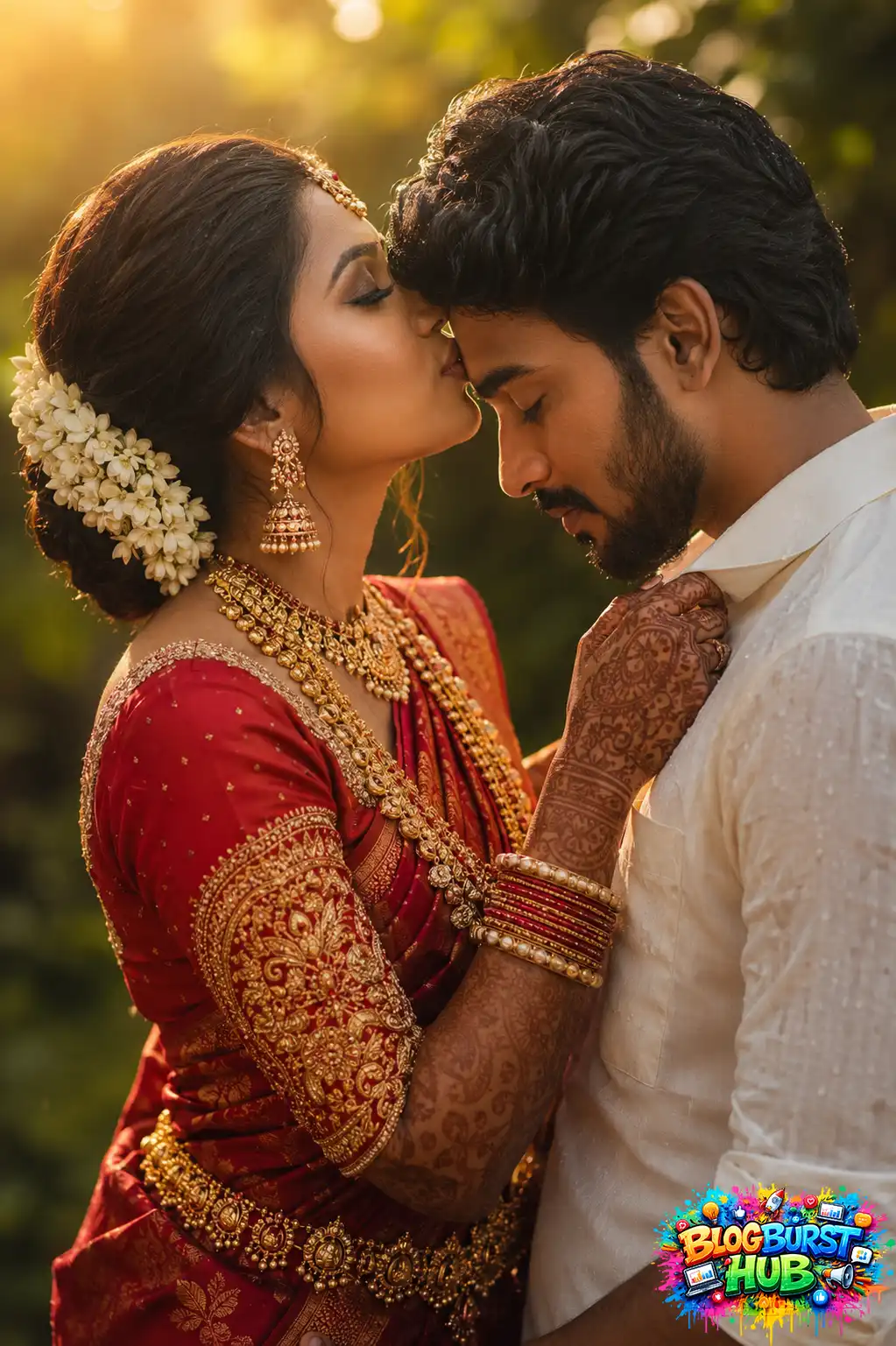 South Indian bride kissing the groom on the forehead during a romantic outdoor wedding photoshoot.