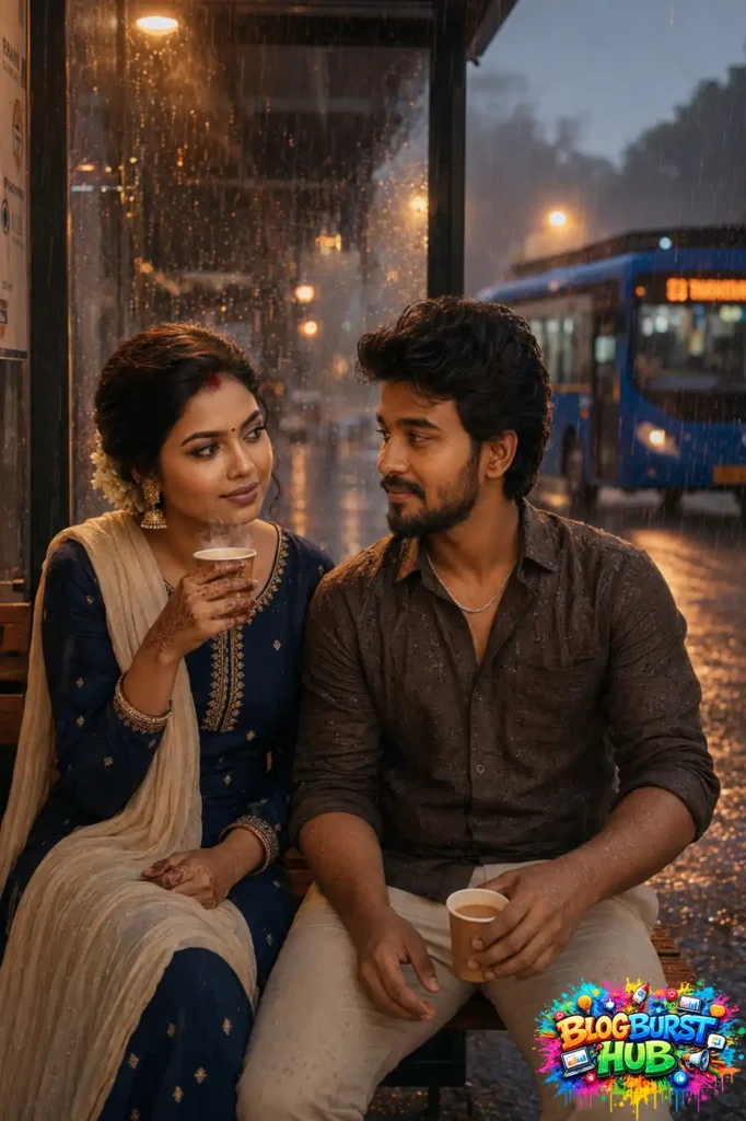 Romantic South Indian couple sharing tea at a rainy bus stop during monsoon season in hyper-realistic AI art style.