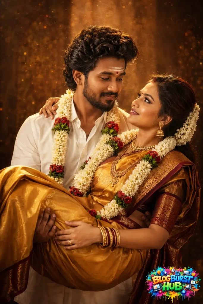 South Indian groom carrying his bride after the wedding ceremony in traditional attire.
