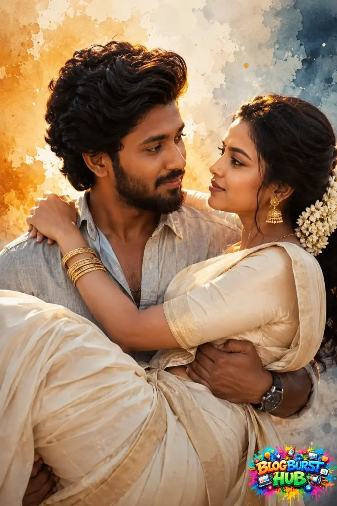 Indian man carrying his partner in a romantic traditional couple portrait.