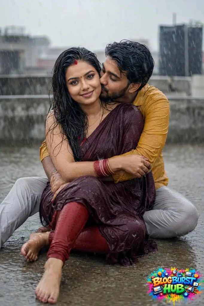 Romantic couple sitting together on a rooftop during heavy rain and embracing lovingly.