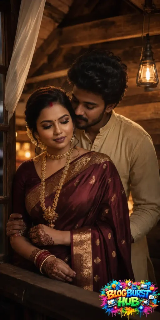 Indian couple standing near a rustic wooden window with warm ambient lighting.