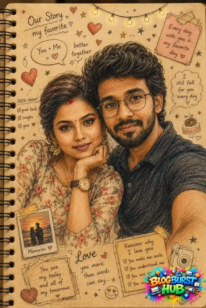 AI-generated scrapbook-style couple selfie with romantic notes, hearts, and vintage decorative elements.