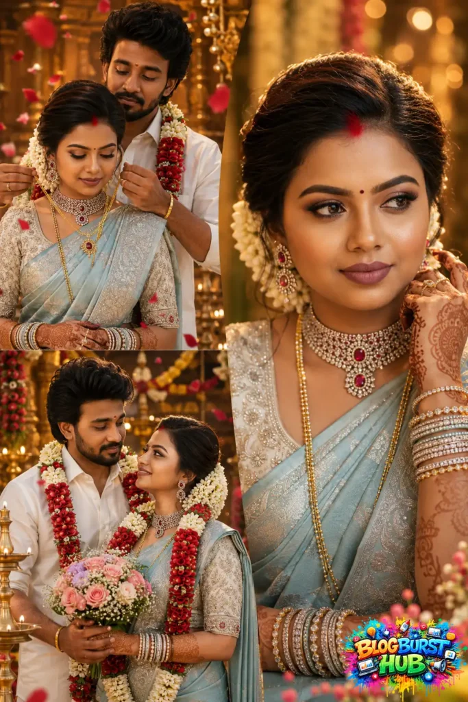 South Indian wedding collage showing mangalsutra ceremony, sindoor ritual, and toe ring ceremony.