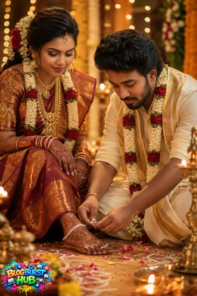 South Indian groom placing a toe ring on the bride during a traditional Hindu marriage ceremony.