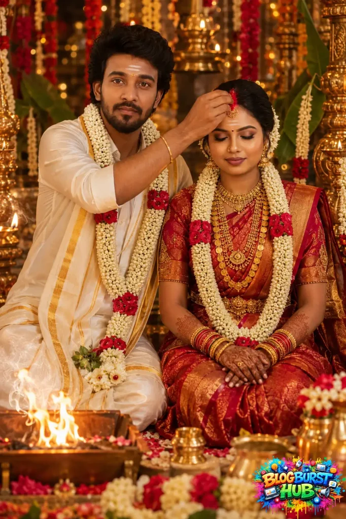South Indian groom applying sindoor to the bride during a Hindu wedding ceremony.