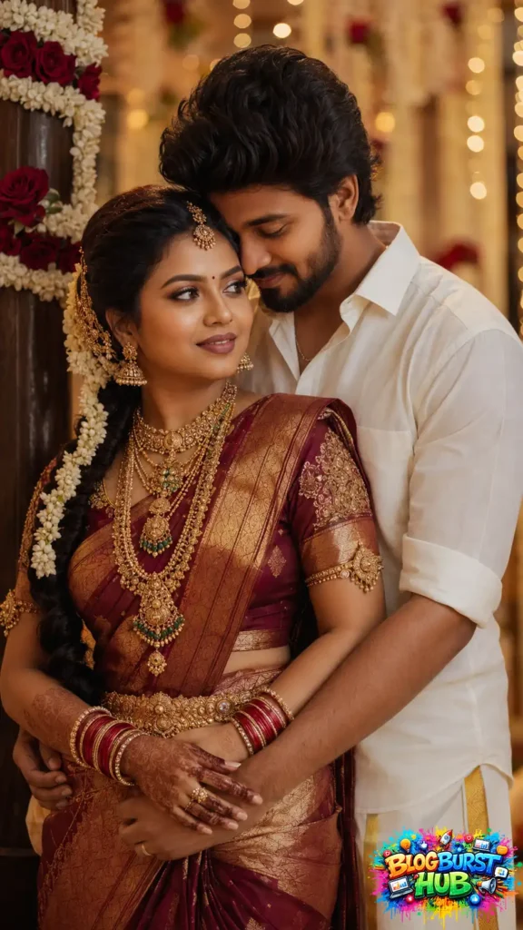 South Indian bride and groom embracing inside a beautifully decorated temple.
