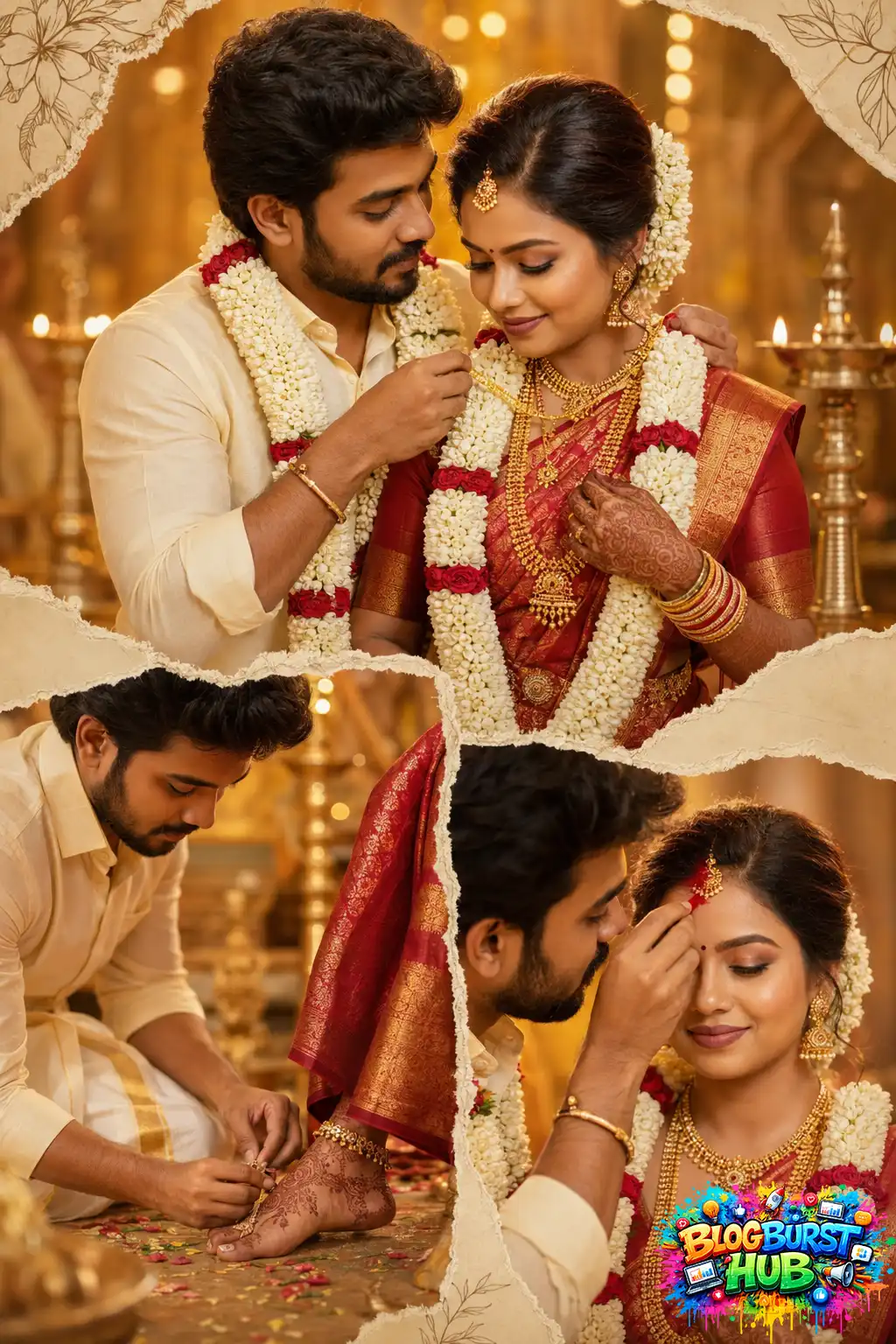 South Indian wedding collage showing mangalsutra ceremony, sindoor ritual, and toe ring ceremony.