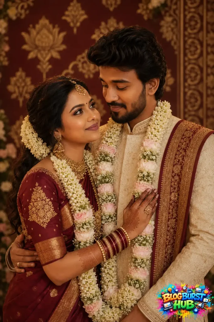 Traditional South Indian bride and groom posing together in elegant wedding attire.