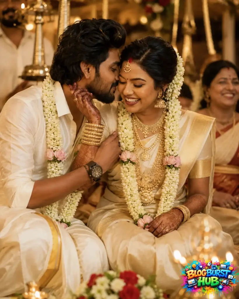 South Indian bride and groom sharing a romantic moment during a traditional Hindu wedding ceremony wearing silk attire and jasmine garlands.