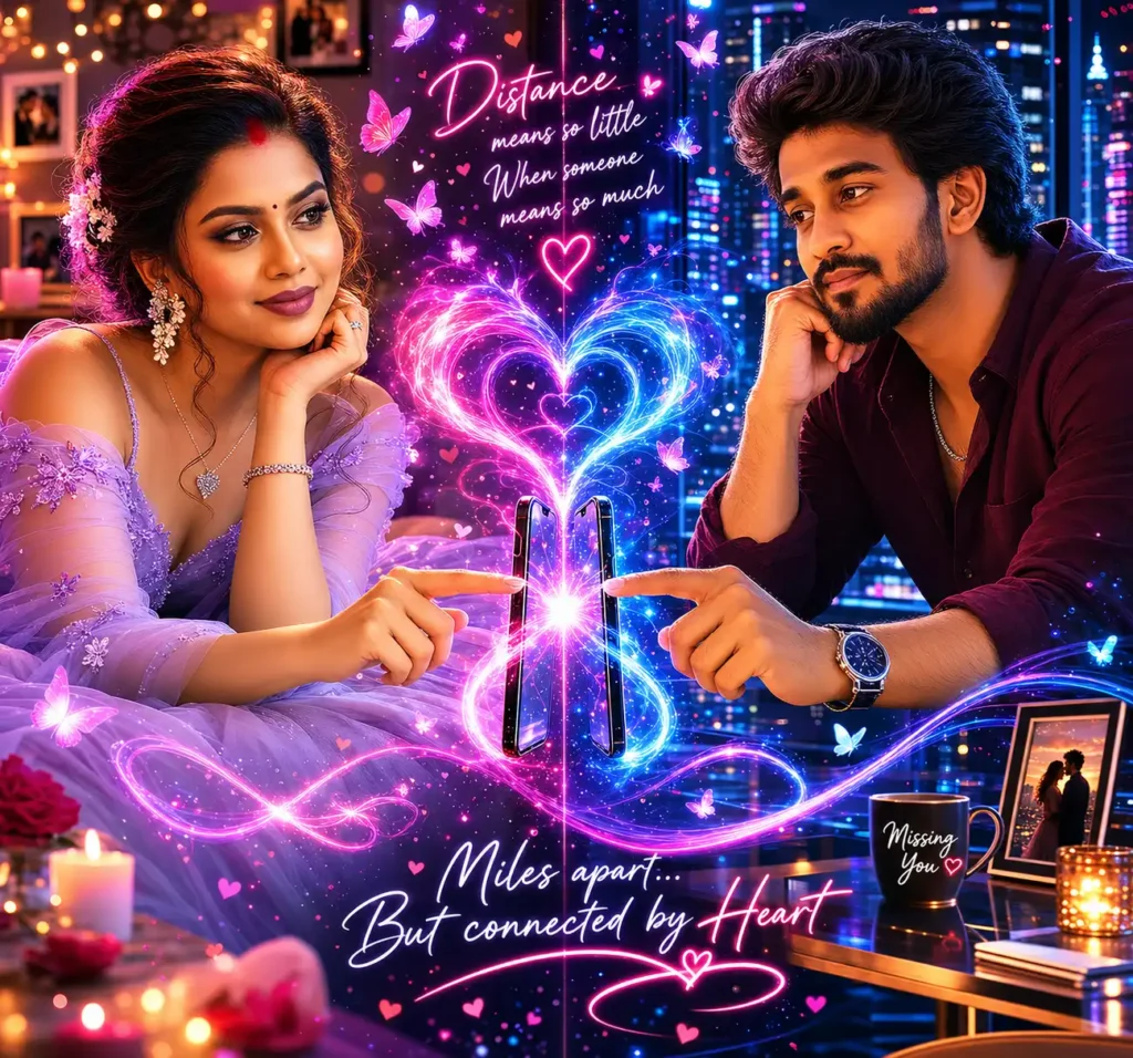 Romantic AI couple portrait connected by glowing heart energy despite long distance relationship.