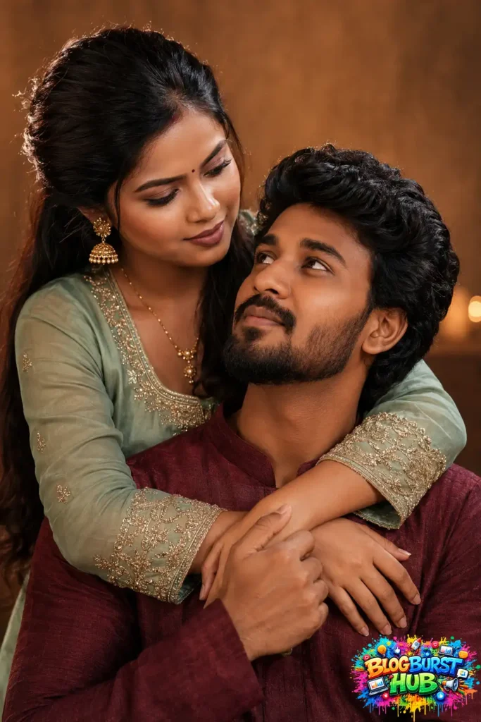 Traditional Indian couple embracing in a romantic portrait with elegant ethnic clothing.