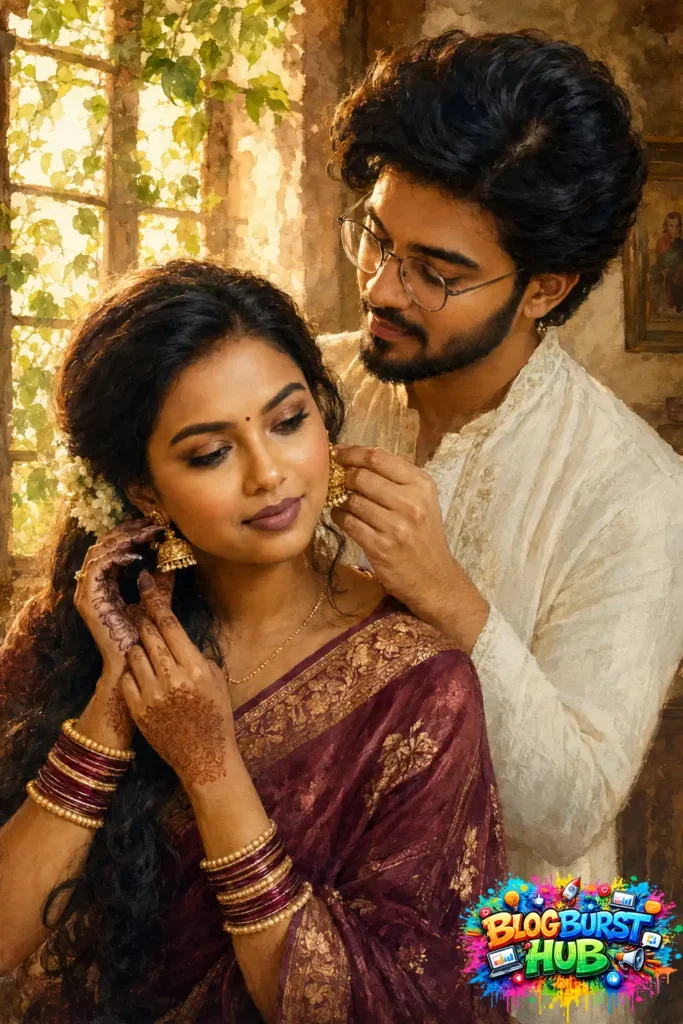 Indian couple wearing traditional ethnic attire and jewelry in an artistic portrait setting.