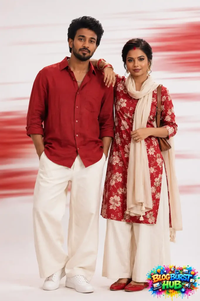 Traditional Indian couple posing together in ethnic attire for romantic Instagram photography inspiration.