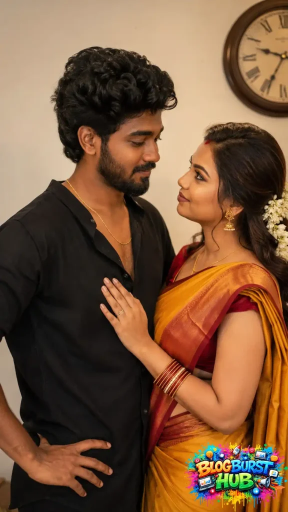 Traditional Indian couple gazing at each other while wearing ethnic attire and silk saree.