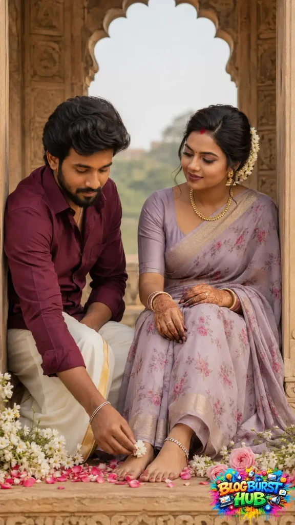 Traditional Indian couple sitting together in an architectural setting surrounded by flowers.