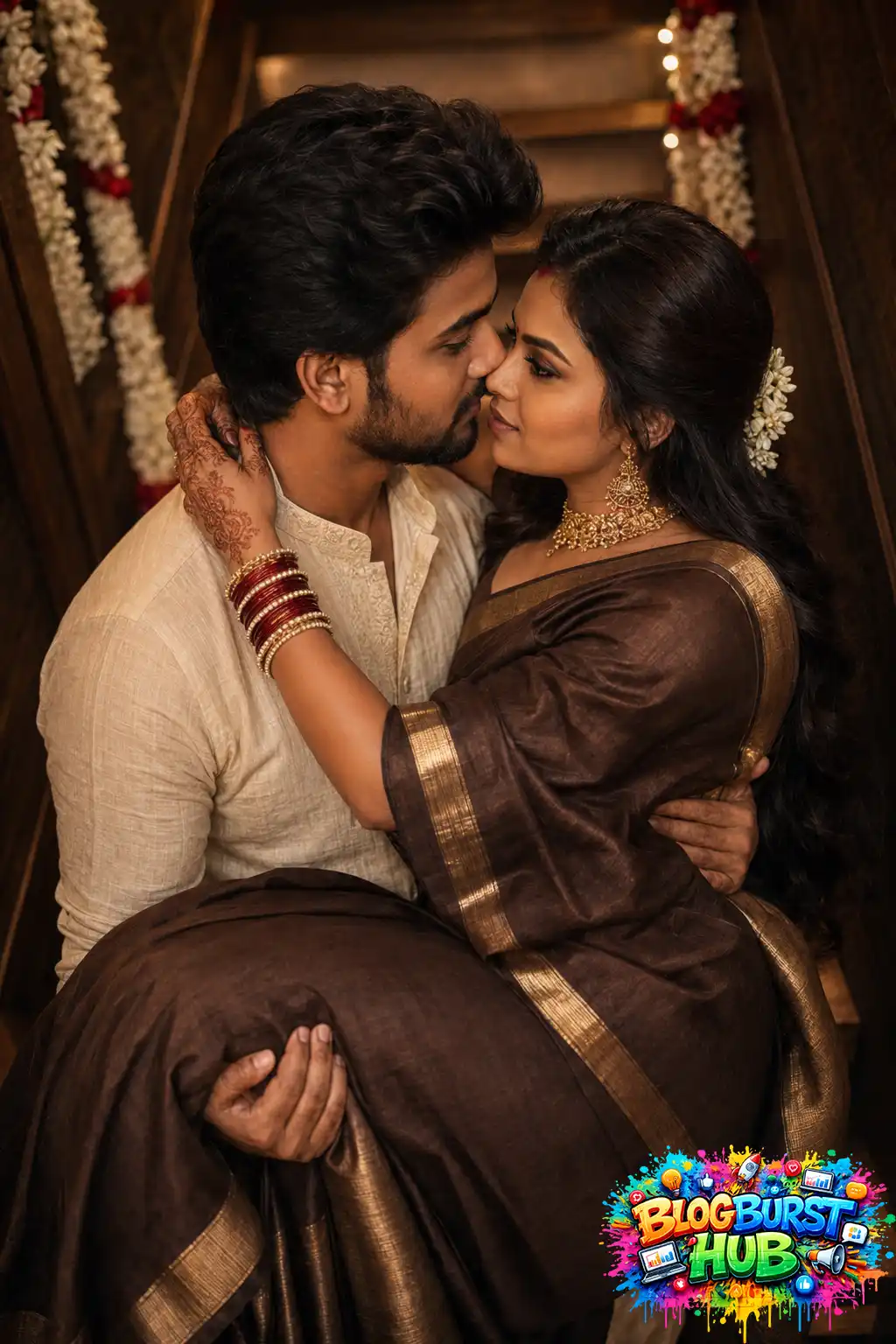 Indian couple embracing on a decorated staircase in traditional ethnic attire.