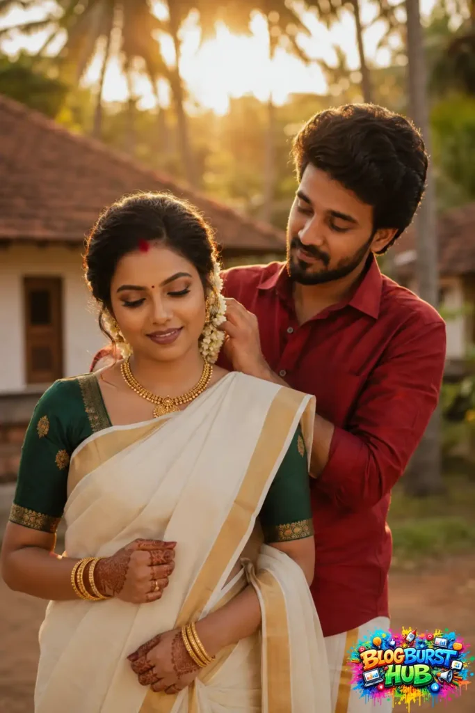 Traditional Kerala couple portrait in a village setting with ethnic attire and cultural styling.