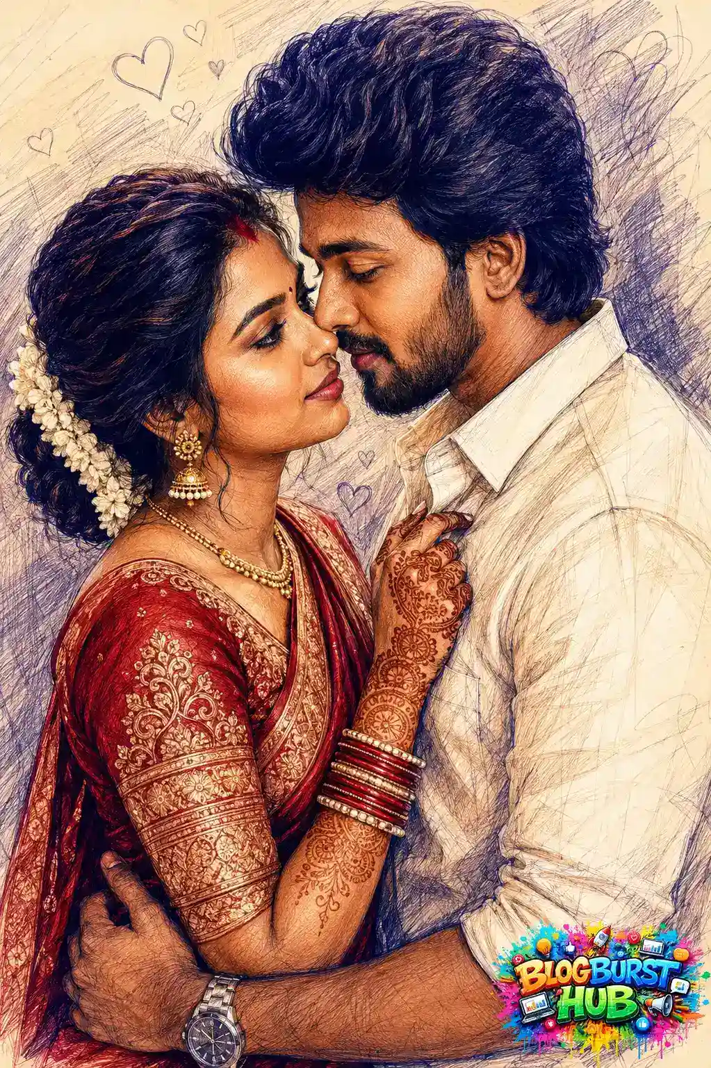 AI-generated romantic couple portrait in traditional attire with detailed artistic sketch effects.