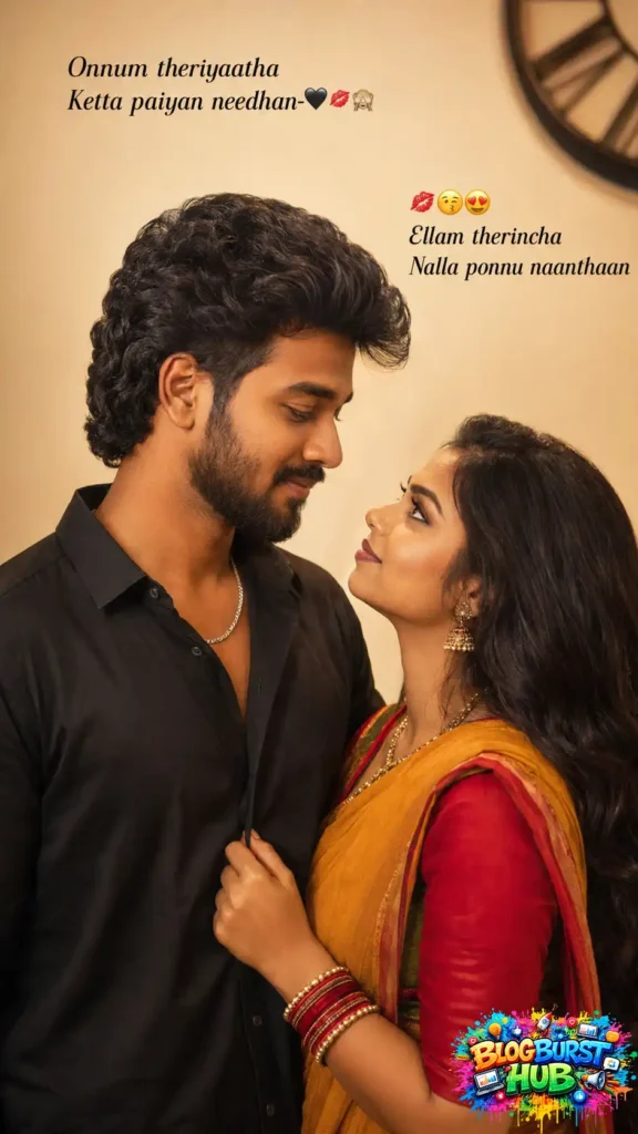 Traditional South Indian couple looking into each other's eyes in a romantic portrait.