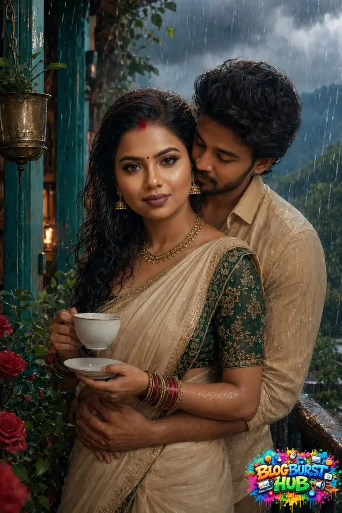 South Indian couple embracing in rain with traditional saree and monsoon scenery in hyper-realistic AI art.