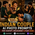 Indian Couple AI Photo Prompts 2026 featuring a romantic couple portrait in traditional attire created with ChatGPT, Midjourney, and Flux AI.