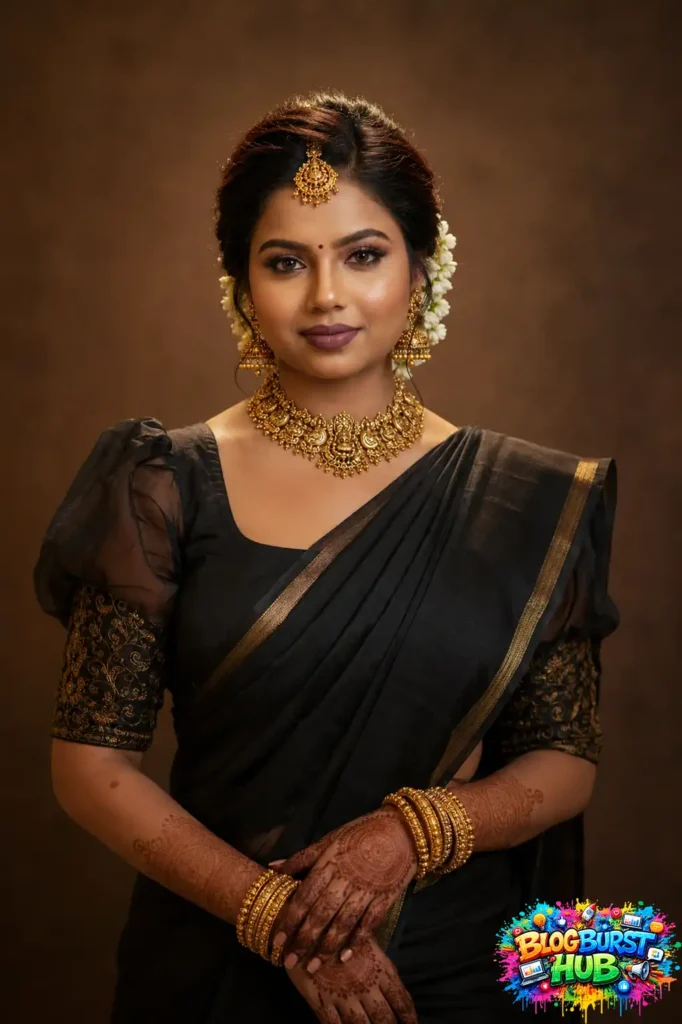 Indian woman wearing a black saree with gold jewelry posing in a professional studio portrait.