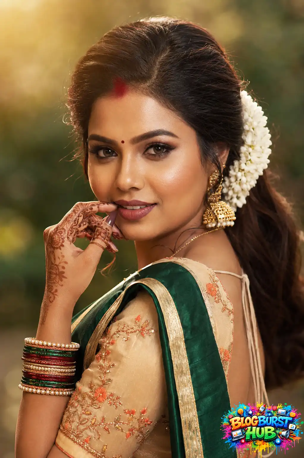Close-up portrait of an Indian bride with jasmine flowers, mehndi, and traditional jewelry.
