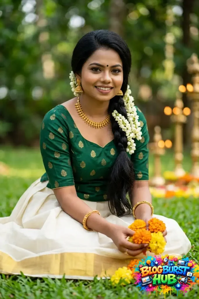 South Indian woman in traditional Kerala saree with green blouse holding flowers outdoors.