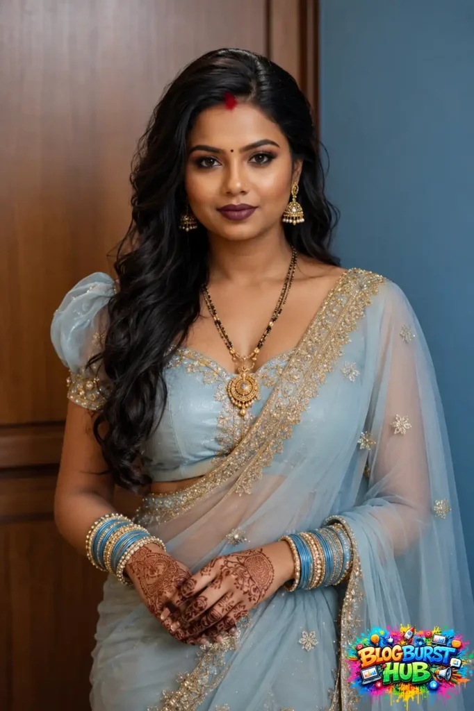 Indian bride in golden silk saree with sunglasses, bridal jewelry, and mehndi posing outdoors.