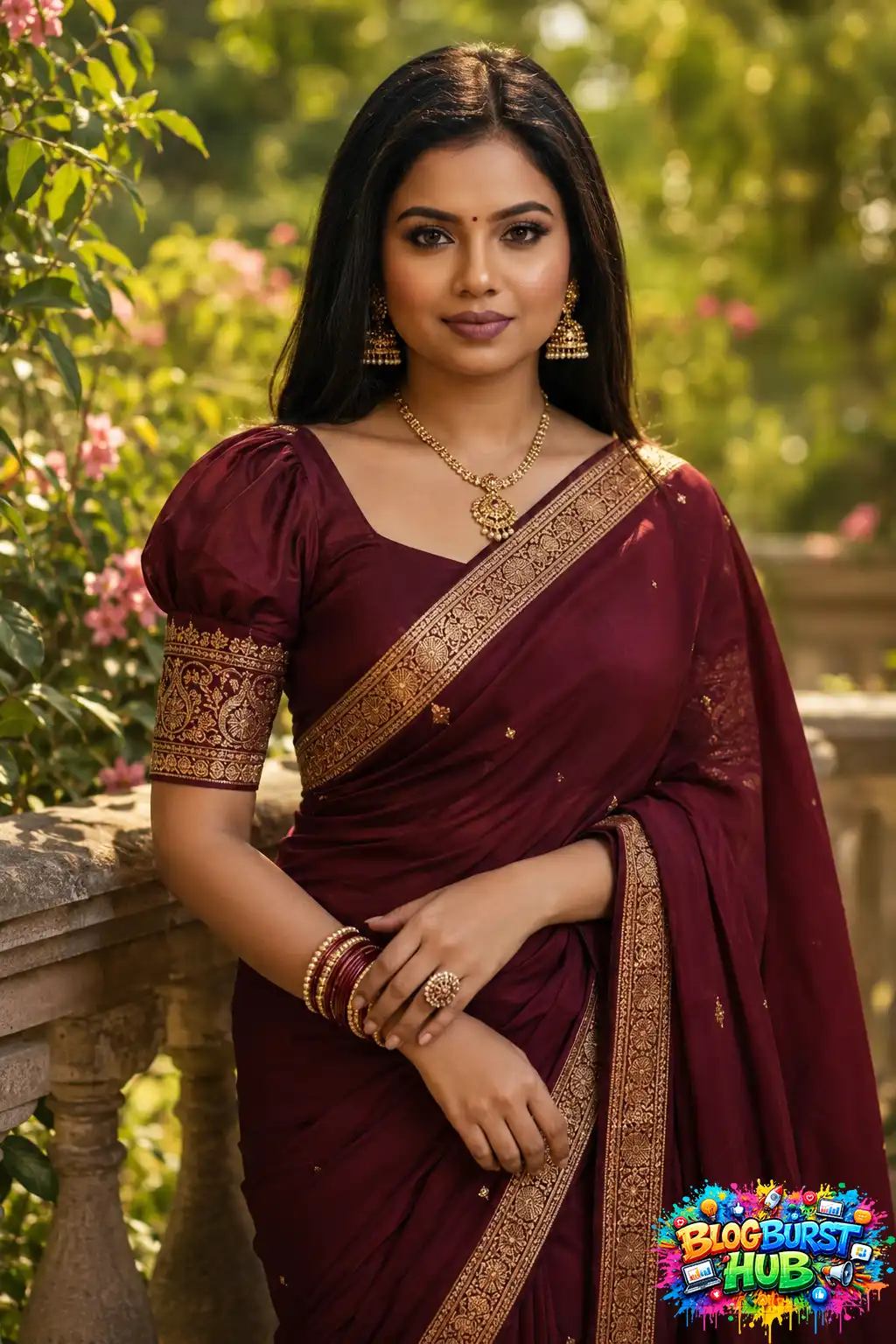 Indian woman wearing a maroon saree with gold embroidery posing in a garden.