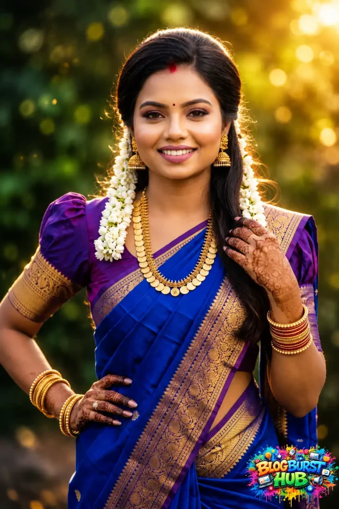 South Indian bride wearing a royal blue silk saree with gold jewelry and jasmine flowers.