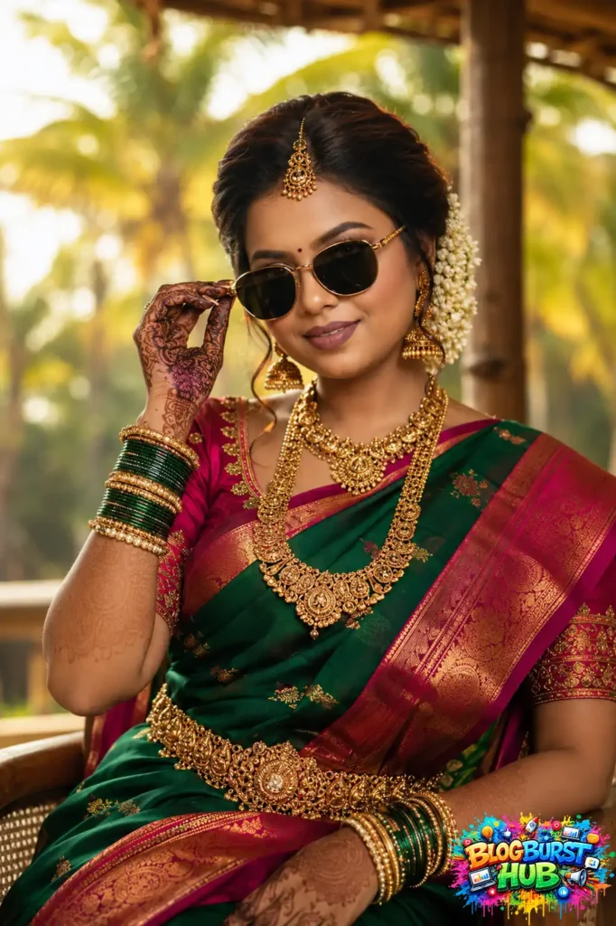 South Indian bride wearing green and pink silk saree with heavy gold jewelry and sunglasses.