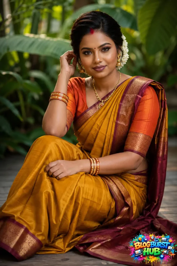 Beautiful South Indian woman wearing a mustard silk saree with maroon border, traditional jewelry, and jasmine flowers in a garden setting.