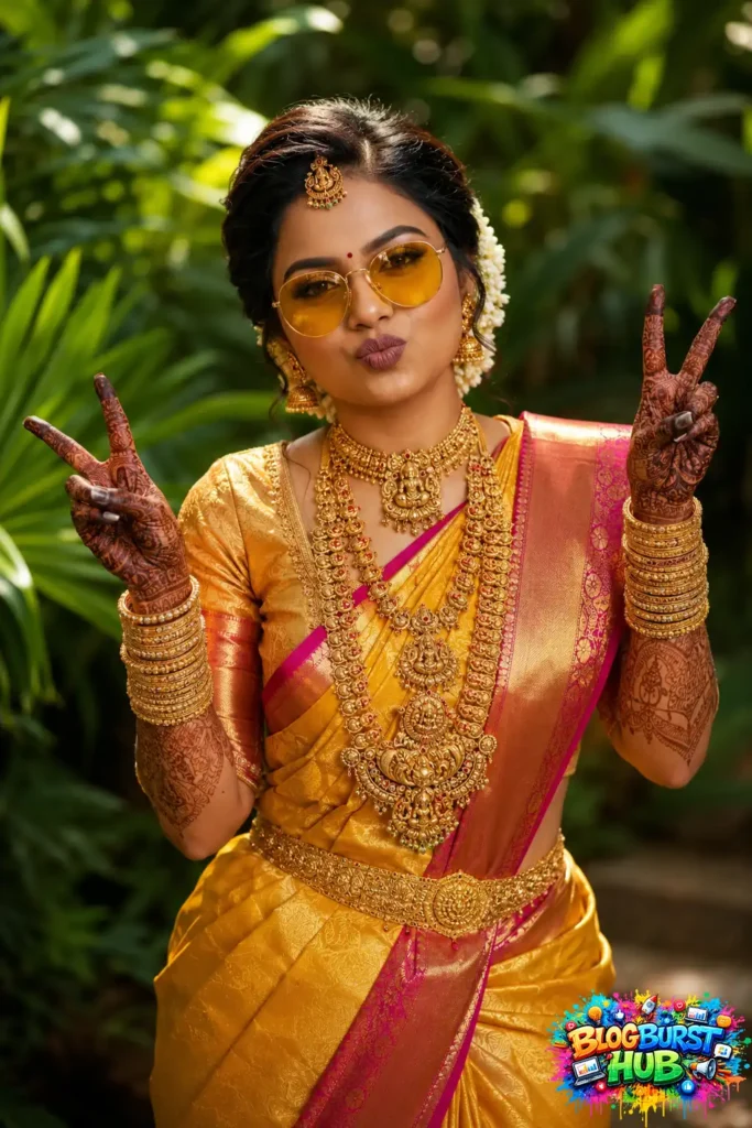 Indian bride in golden silk saree with sunglasses, bridal jewelry, and mehndi posing outdoors.