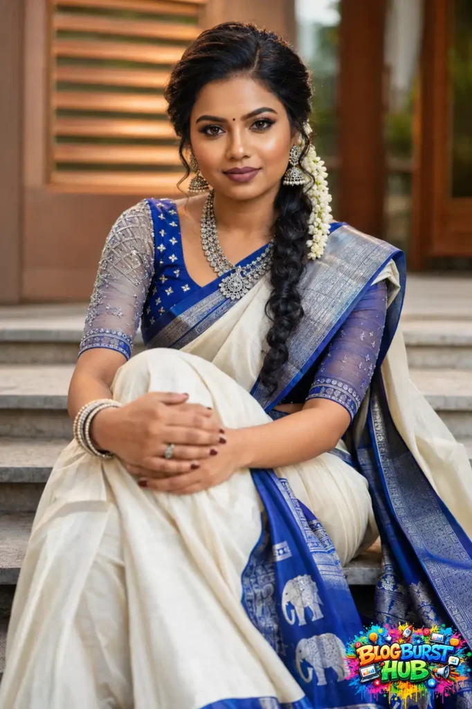 Indian woman wearing a white saree with blue border and silver jewelry sitting on outdoor steps.