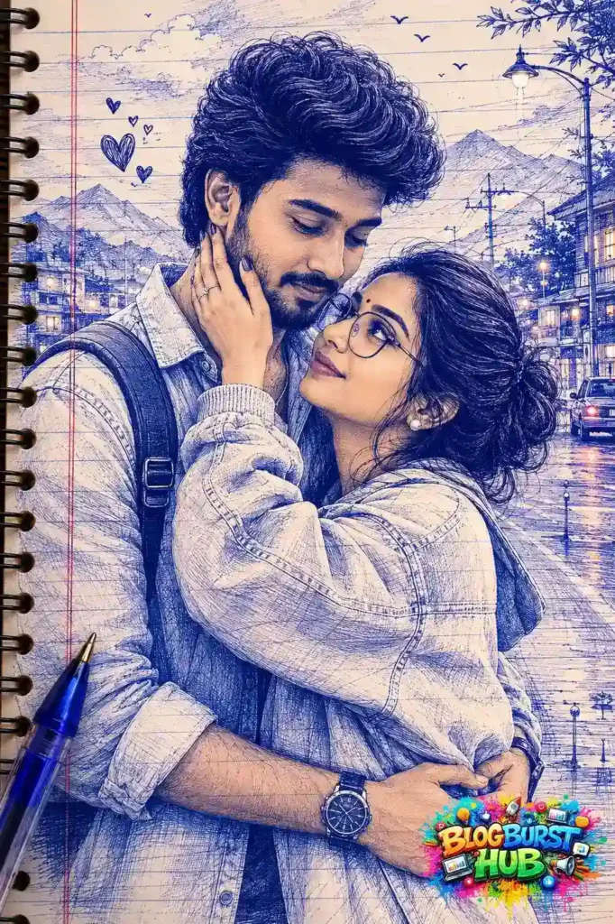 Romantic AI-generated blue sketch portrait of a couple embracing on a city street.