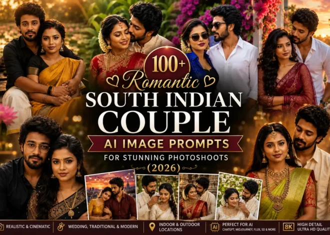 100+ Romantic South Indian Couple AI Image Prompts for Stunning Photoshoots (2026)