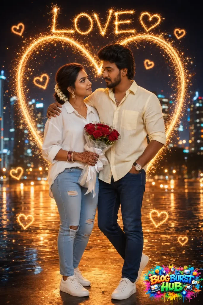 AI-generated romantic couple holding flowers under sparkling heart lights in a city at night.